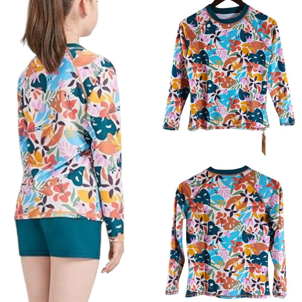 NWT Girls Kid 1234 Swim Shirt 13-14yr Long Sleeve L-XL Rashguard Floral UPF 50
